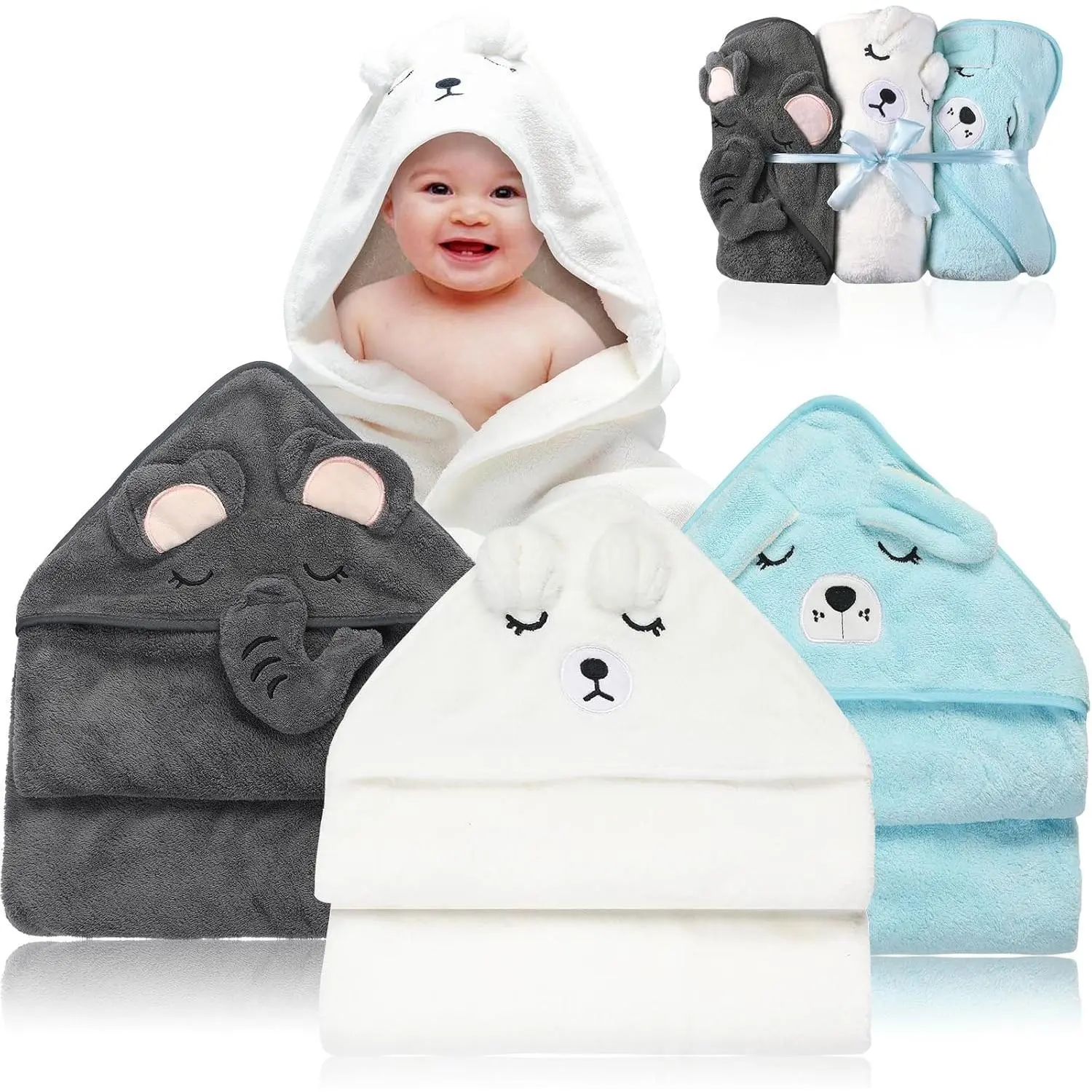 3 Pack Baby Towels Hooded - Ultra Soft Baby Bath Towels, Newborn Baby Essentials, Premium Absorbentand Hypoallergenic Towels for Toddler Baby Boy and Girl (White, Blue, Gray)