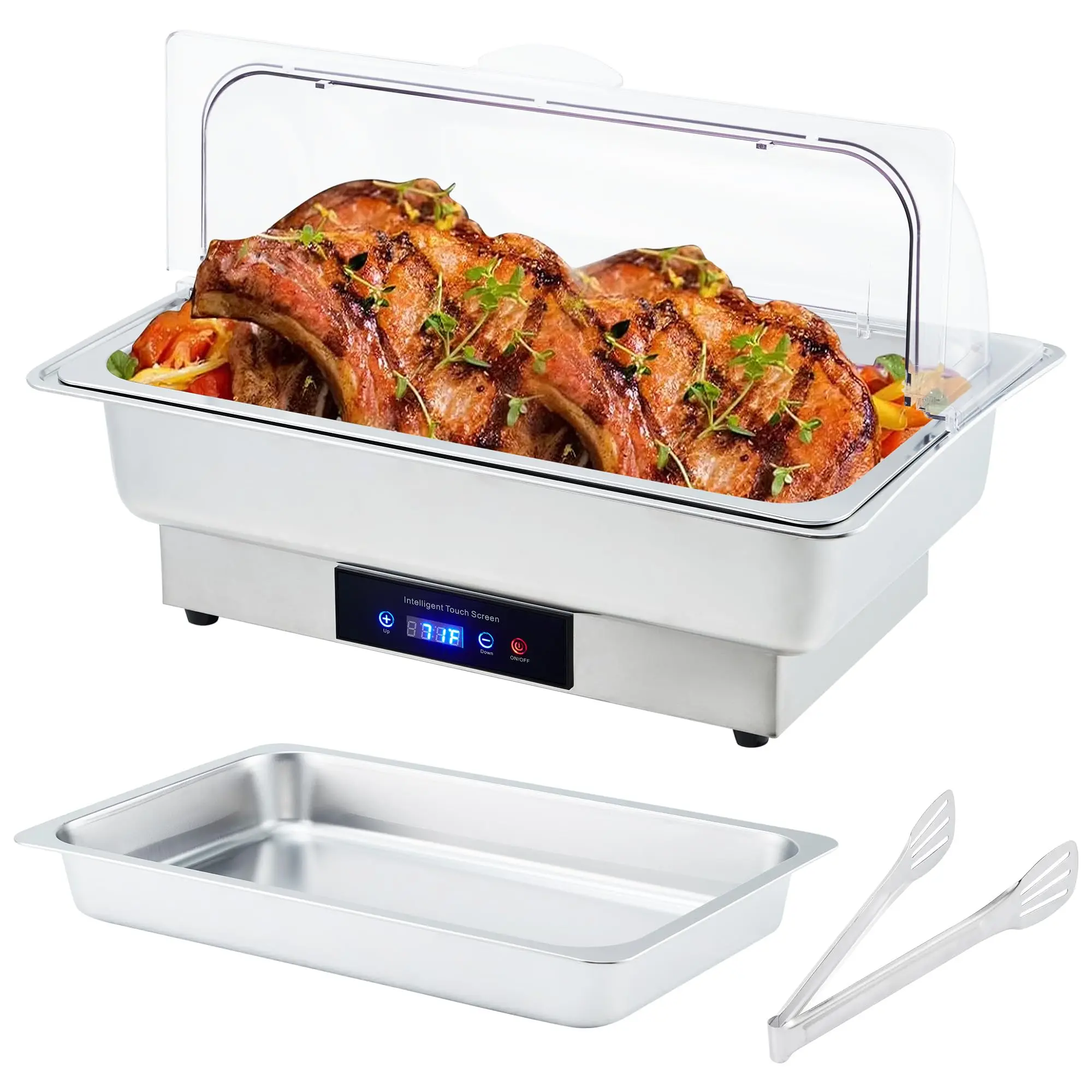 GARVEE Electric Chafing Dish Buffet Set, 9 QT Stainless Steel Food Warmer with Temperature Control & Transparent Roll Top Lid, Catering Server for Parties, Banquets, Buffets, Keeping Food Warm & Fresh