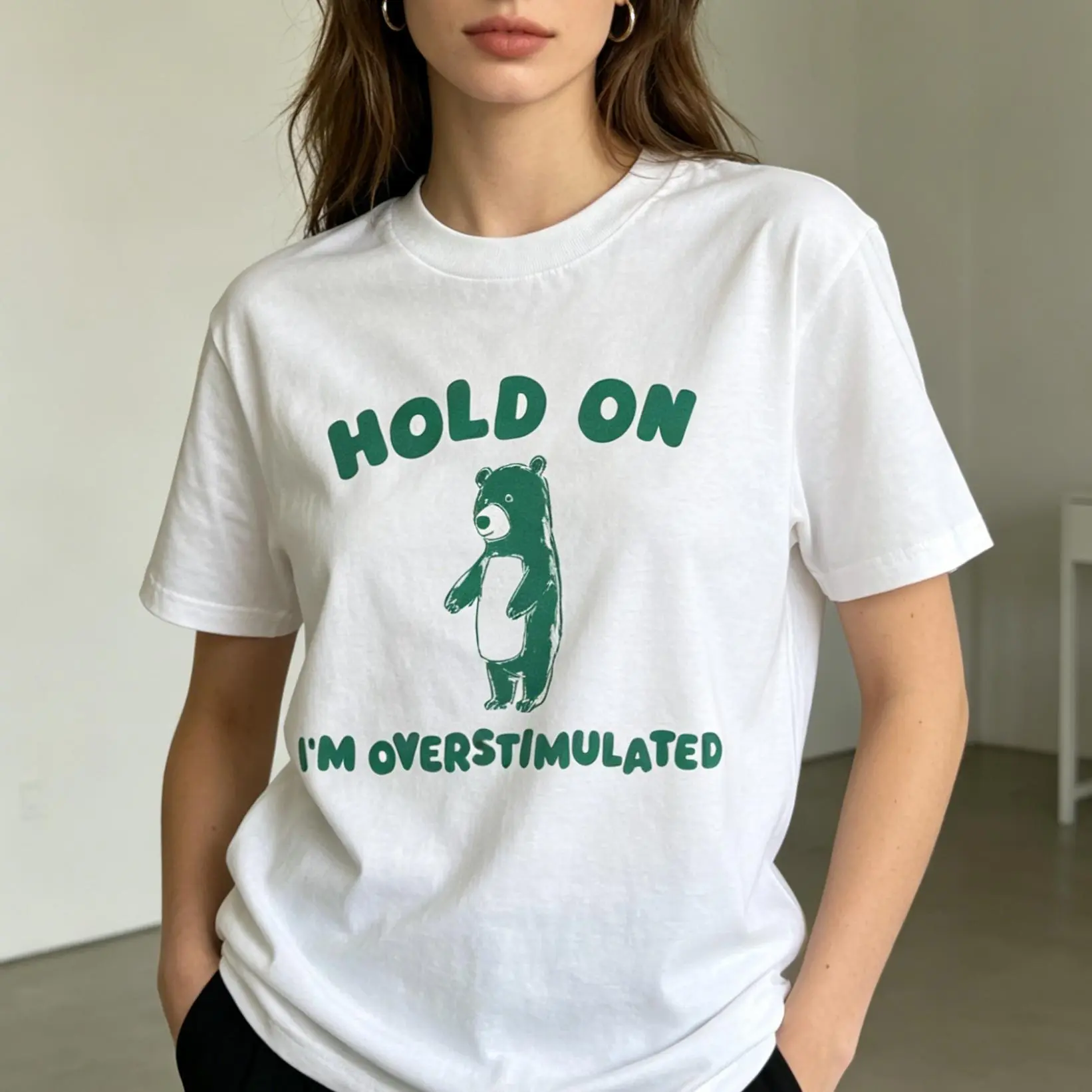 Women's White Loose Short Sleeve T-Shirt - Unisex Plus Size Sarcastic Graphic Top, Funny Minimalist Mental Health Humor Streetwear, Cute Preppy Style Tee, Shortsleeve, Casual, Cotton
