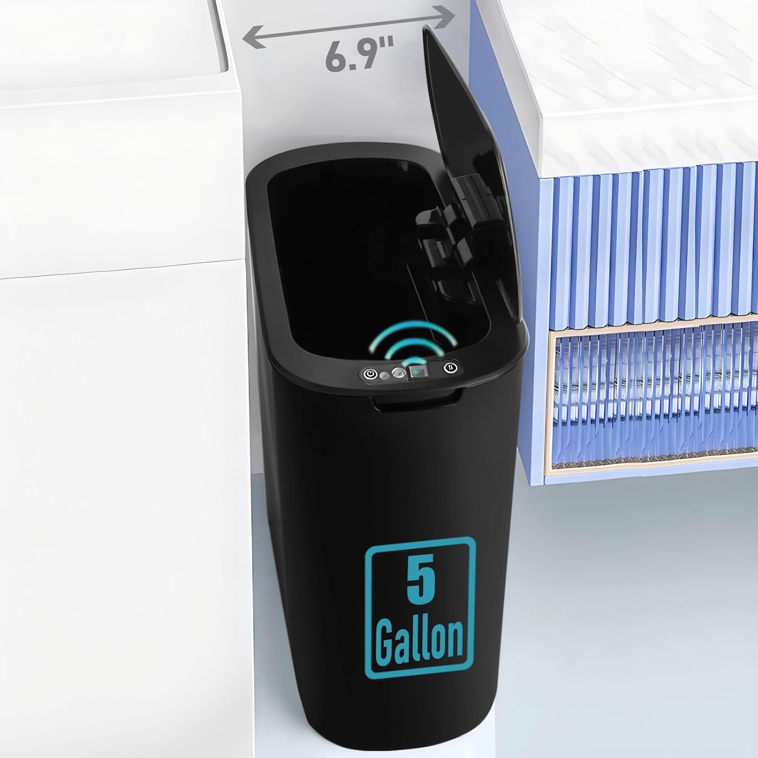 5 Gallon Motion Senor Bathroom Trash Can with Lid, Automatic Garbage Can Touchless,  Plastic  Basket for Narrow Spaces, Bathroom, Office, Bedroom, Living Room (Black)