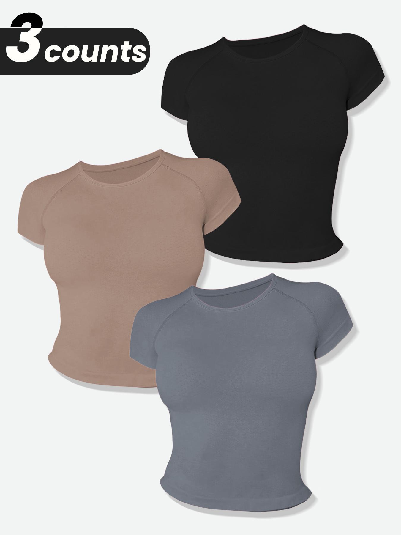 Women's Solid Raglan Sleeve Sports Tee, Workout Tops, Fall Outfits, Casual Comfy Breathable Round Neck T-shirt for Yoga Gym Workout Running, Ladies Sportswear Gym Tops, Activewear, Jersey Top, Workout Clothes Women, Sports Clothing, Fitness Activewear