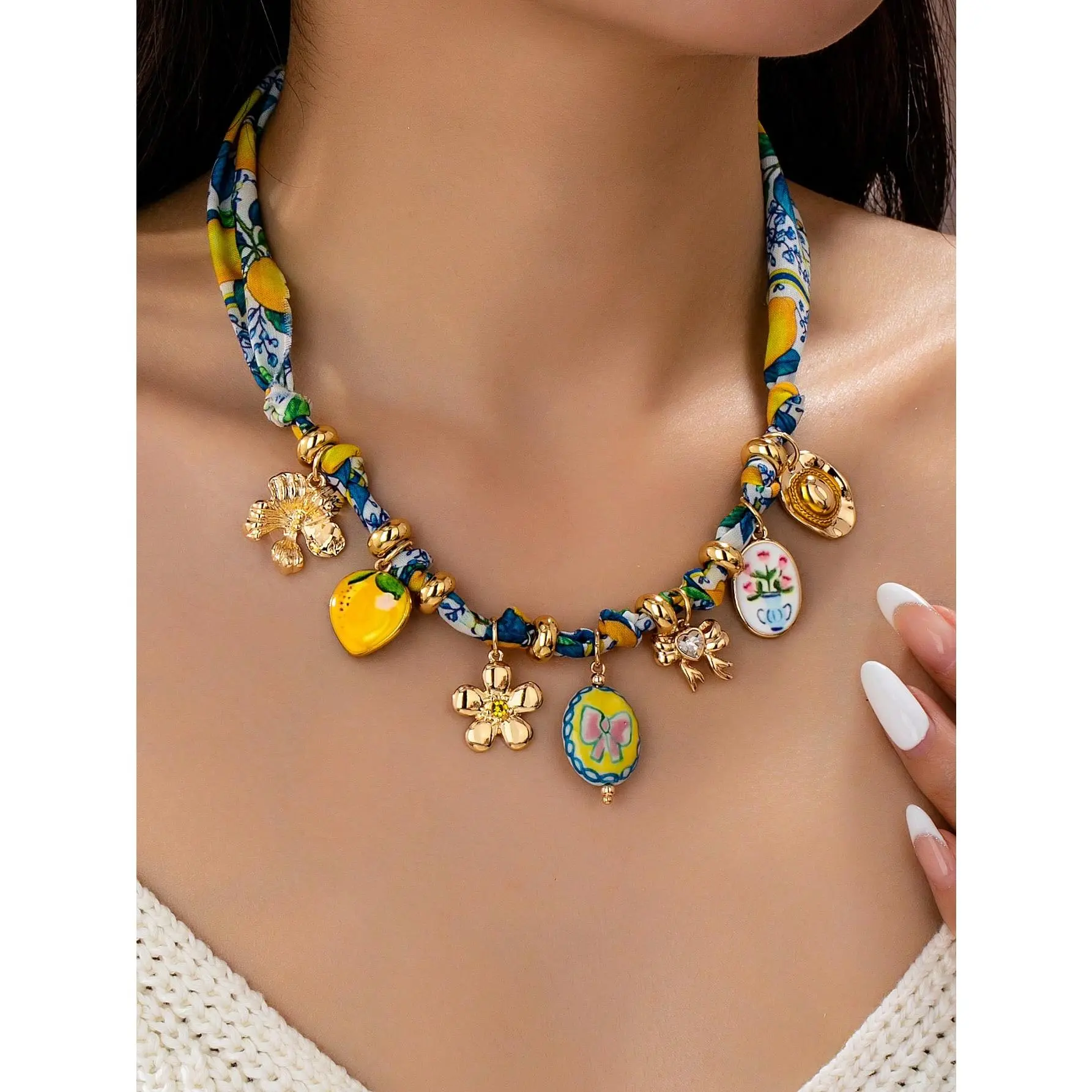 Boho Scarf Charm Necklace For Women - Handmade Fabric Wrapped Lemon Flower Mixed Enamel Pendants, Statement Summer Vacation Beach Jewelry For Euro Summer Outfits