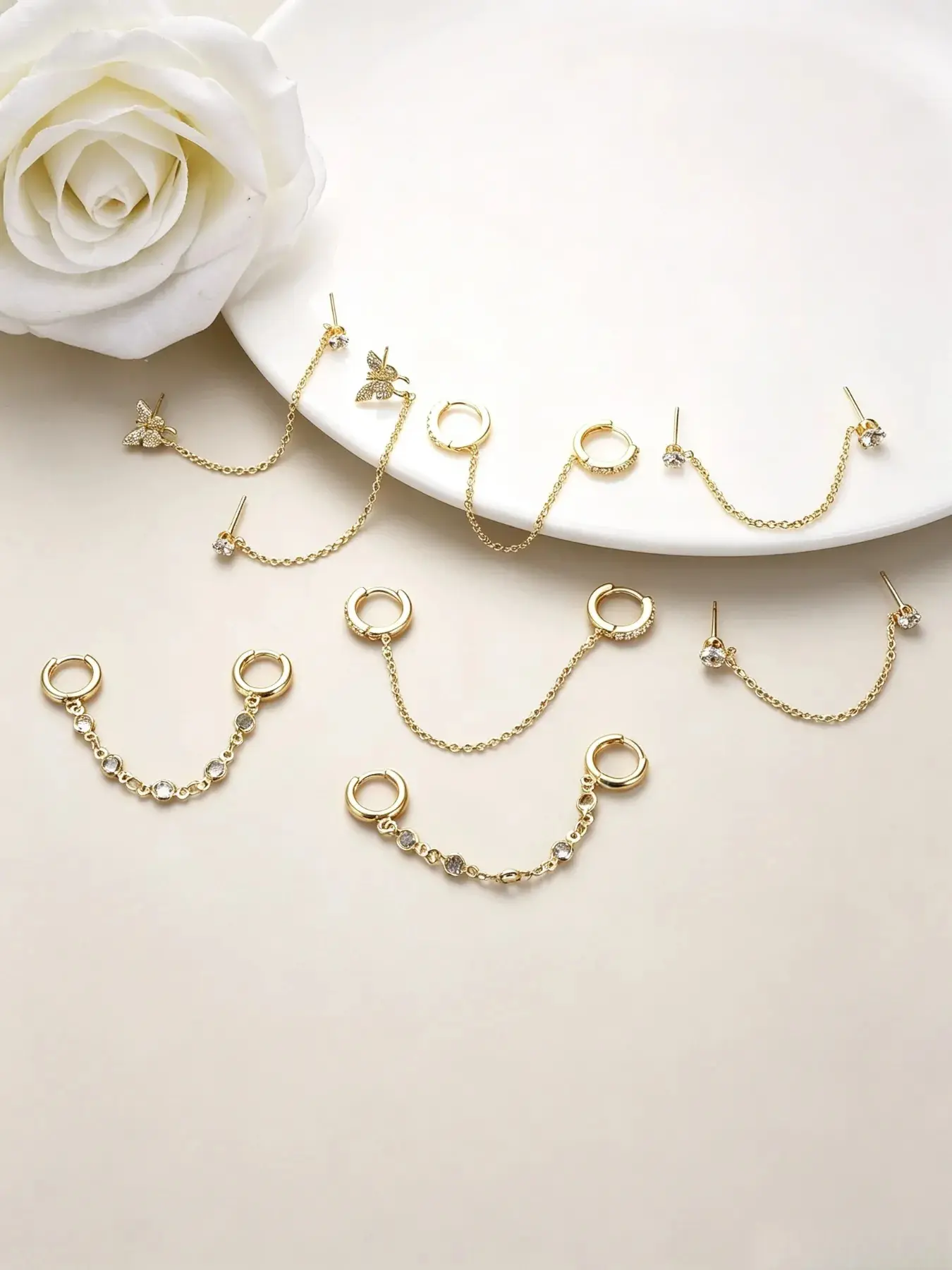 14K Gold Plated Double Piercing Earrings for Women Hypoallergenic 4 Pairs Chain Earrings for Women, Double Piercing Earrings Set, Multiple Piercings Butterfly/Dangle/Helix/Cartilage Earrings