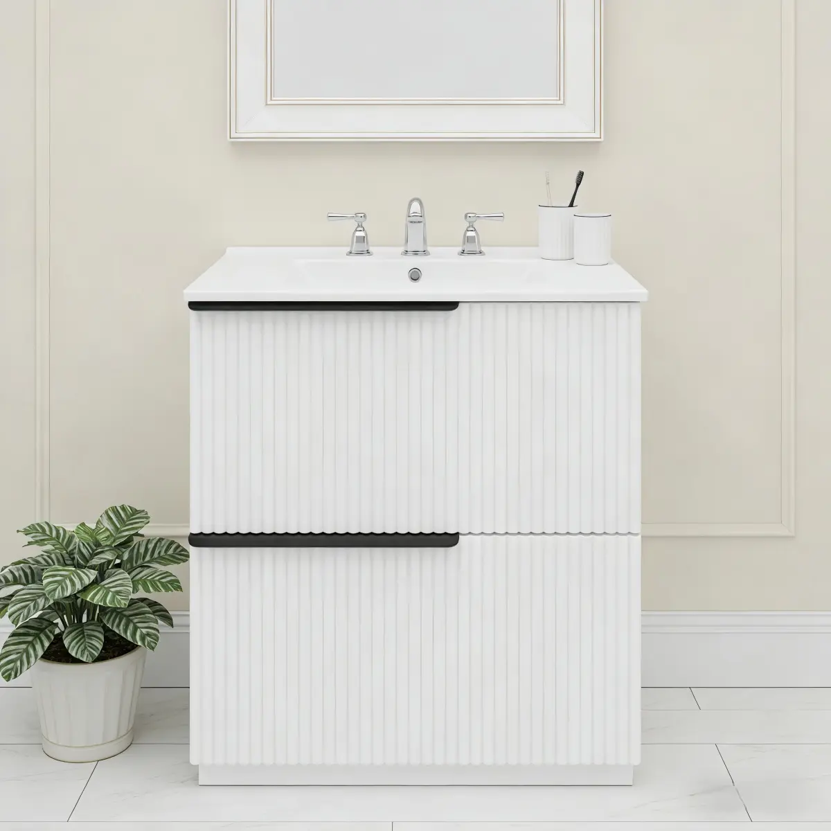 Aobtkel Christopher Knight Home® 30" Freestanding Bathroom Vanity with Ceramic Sink, Grooved Design, Split-Drawers, Full-Extension Soft-Close Slides, Self-Assembly, White