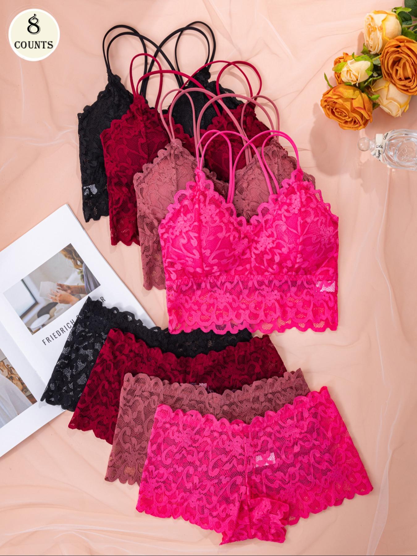 Women's Contrast Lace Backless Wireless Bra & Panty Underwear Set, Sexy Comfy Breathable Pink Lingerie Set for Daily Wear, Underwear Set for Women