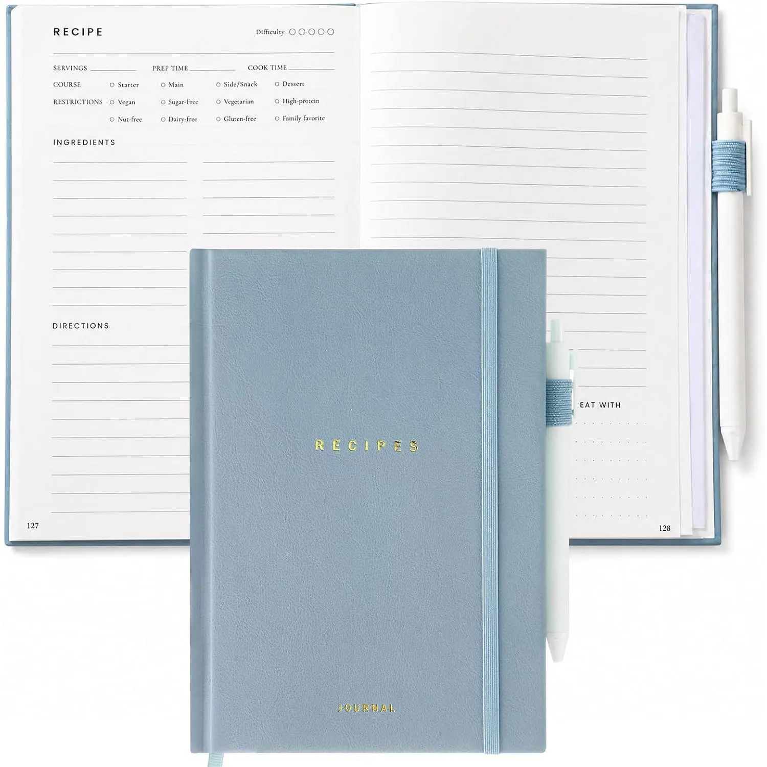 Blank Recipe Book to Write in Your Own Recipe Empty Cook Journal Notebook Water Resistant Hardcover with 128  Pages and Pen to Organize Your Cookbook for Newlyweds Chef(Blue)