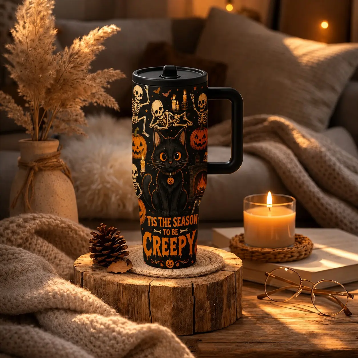 40oz Halloween Cat Skeleton Insulated Drink Tumbler, Retro Pumpkin Spooky Gothic Insulated Vacuum Cup, Large Capacity Iced Coffee Travel Mug