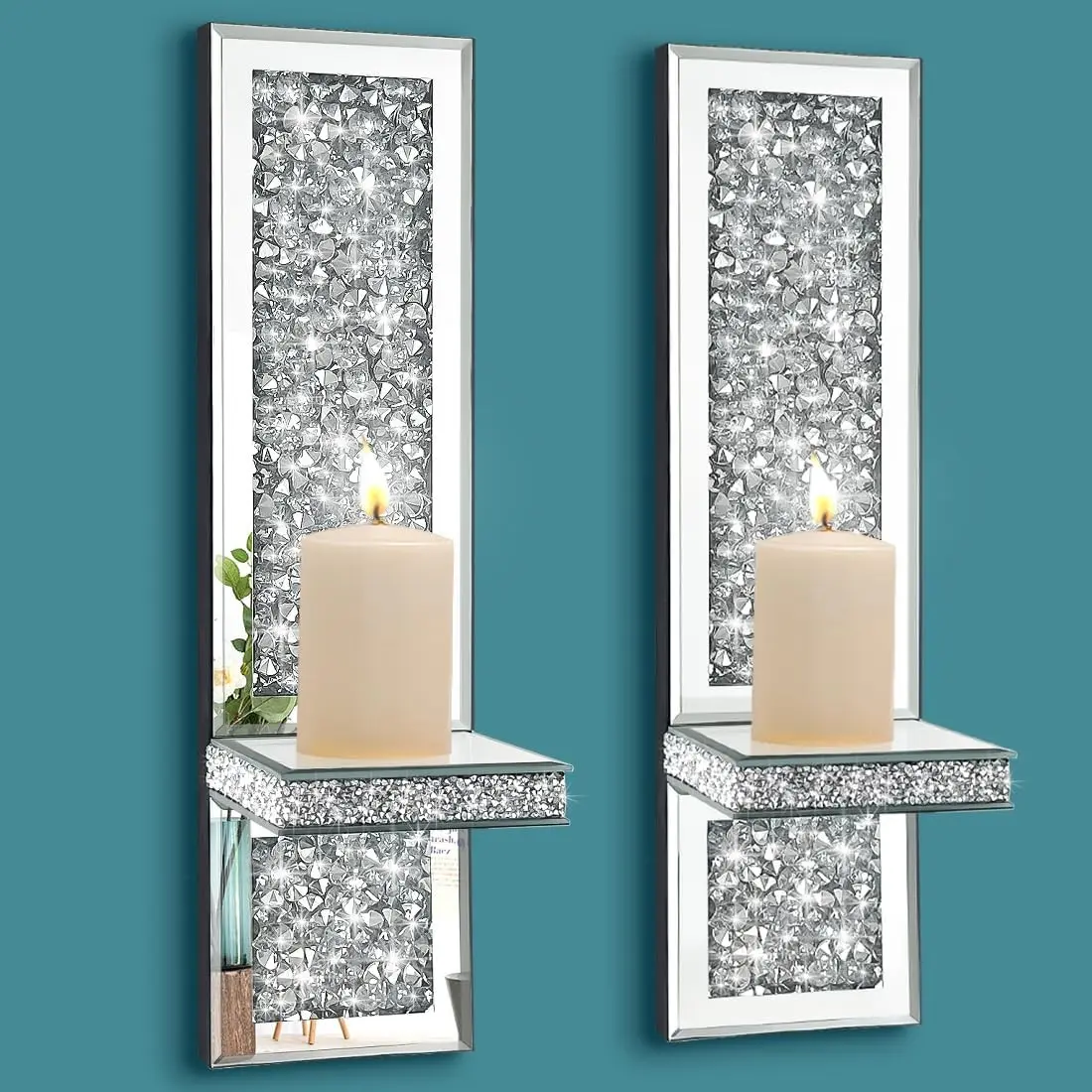 Crystal Crush Diamond Wall Candle Holder Set of 2, Silver Mirrored Candle Sconces, Home Wall Decoration for Living Room,Dining Room & Bedroom