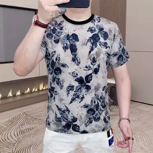 [Same-Frequency] 2026 New Round Neck Ice Silk Short Sleeve T-Shirt Summer Fashion New Men's Slim Fit Trendy Printed Thin Half Sleeve Top Base Shirt | Free gift Cuban Link Chain