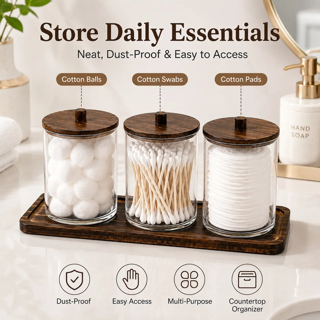 3 Pack Dark Wood Lid Apothecary Jar Set with Vanity Tray, Rustic Farmhouse Style Clear Storage Canisters for Bathroom Organization, Qtip Holder Dispenser for Cotton Swabs, Cotton Balls & Makeup Pads, Dust-Proof Countertop Organizer with Wooden Lids,