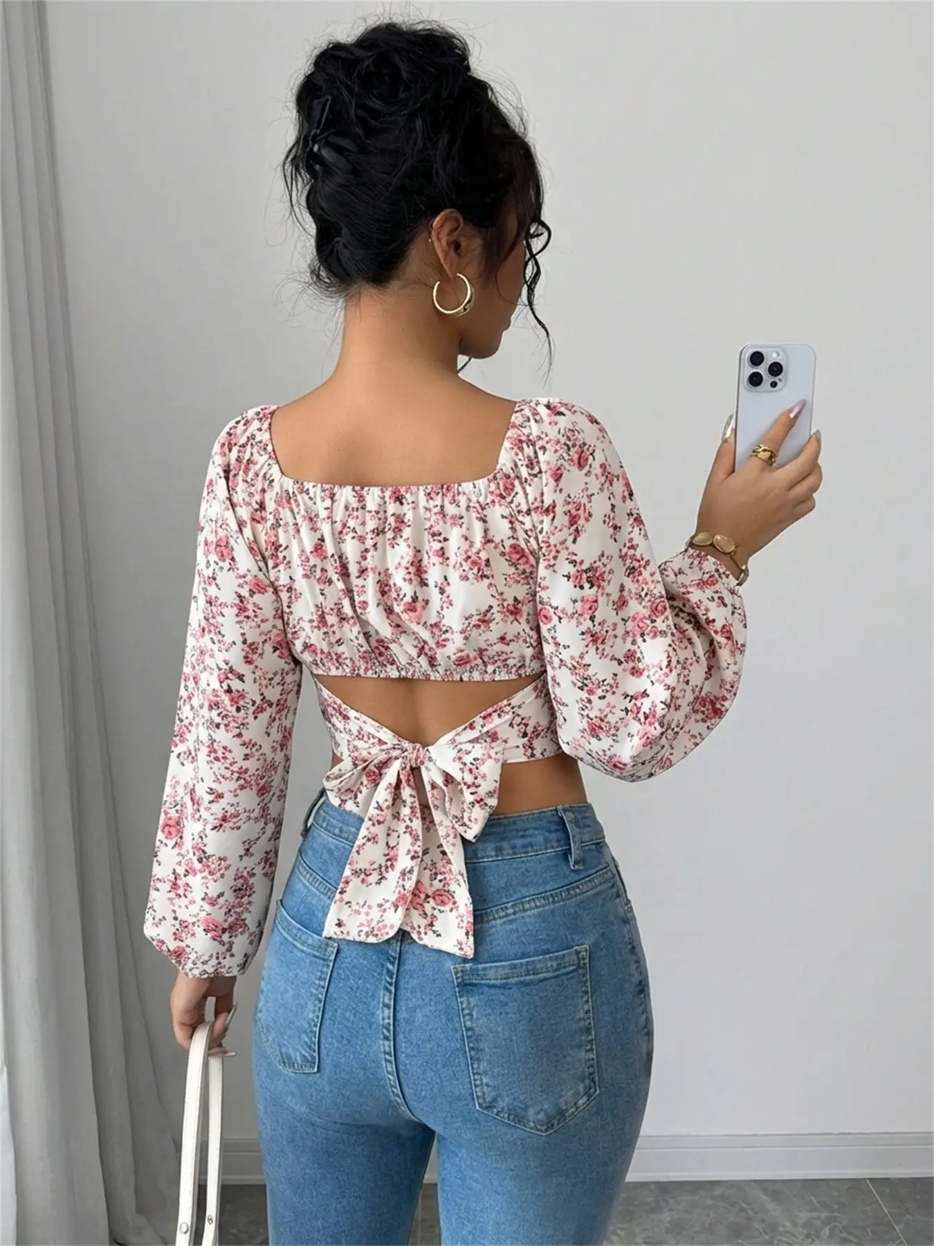 Spring Summer Square Neck Long Sleeve Shirt Blouse, Ditsy Floral Pattern, Tie Back Design, Butterfly Knot, Chic Aesthetic Casual Beach Vacation Style, Women's Top