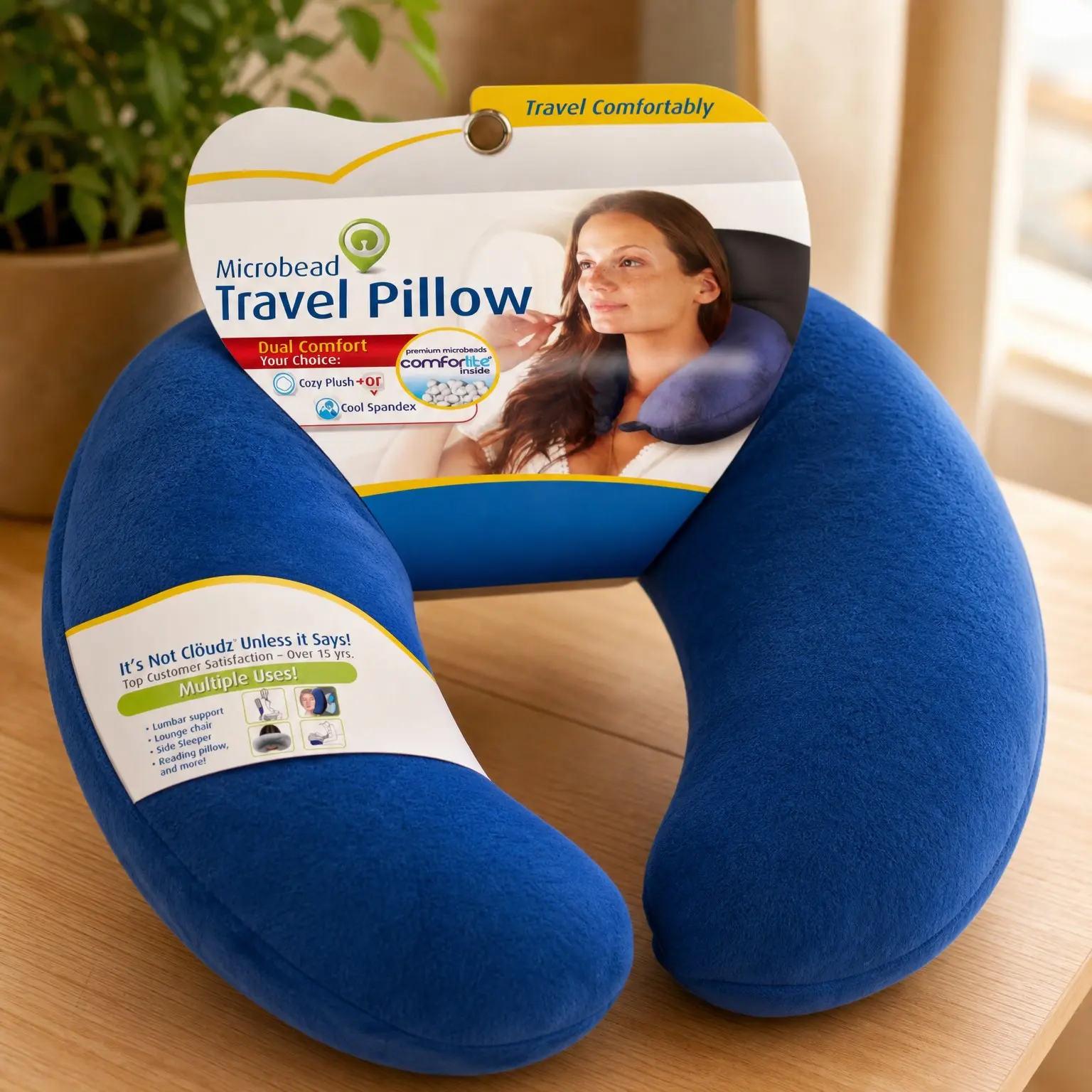 Dual Comfort Microbead Airplane Travel Neck Pillow with Super Soft Plush and Cool Spandex Sides, Customizable Support for Home or Travel, BlueGift