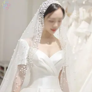 Luxury Pearl Embellished Bridal Veil, Elegant Beaded Long Tulle Wedding Veil, Sheer Face-Covering Veil for Wedding, Photoshoot & Bridal Accessories
