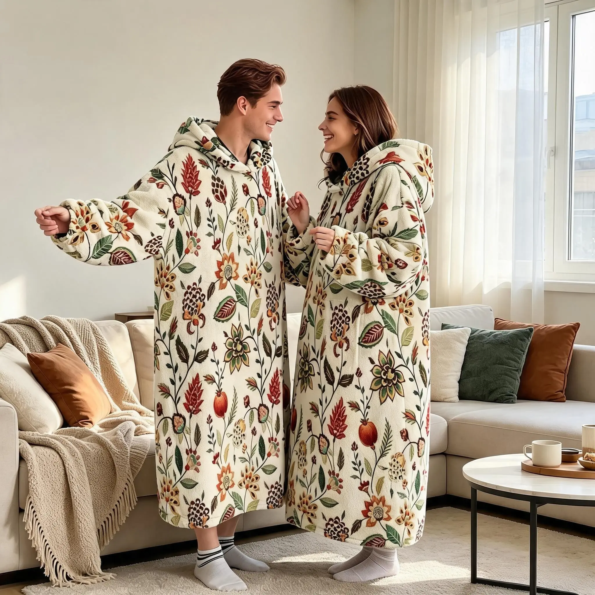 1pc Flannel Hooded Wearable Blanket, Couples Pomegranate Flower Embroidery, Breathable, Christmas/halloween Gift