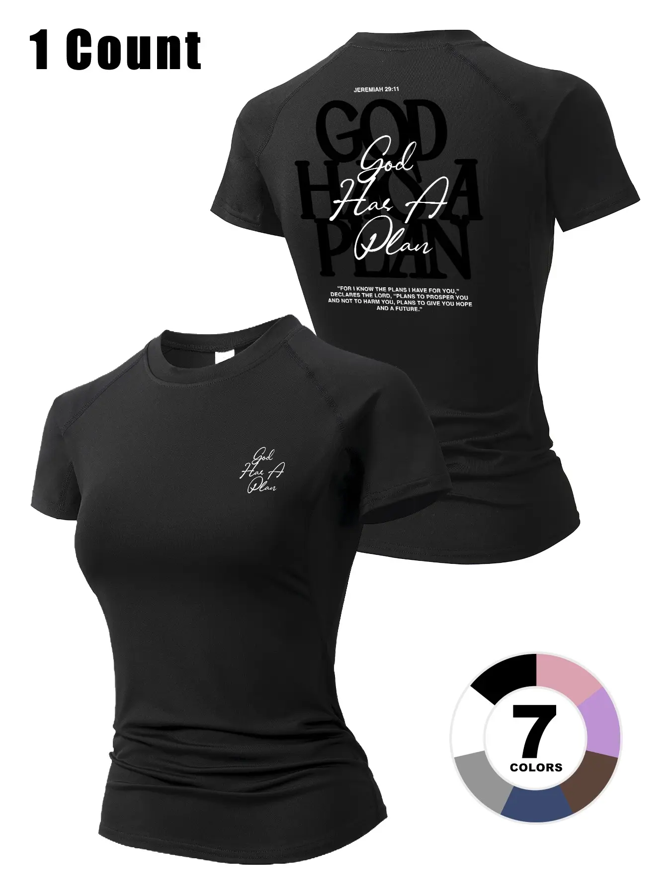 'god Has a Plan' Graphic Print Women's Tight Short Sleeve Sporty Top, Round Neck Quick-Dry Breathable Stretch Yoga Running Fitness Shirt