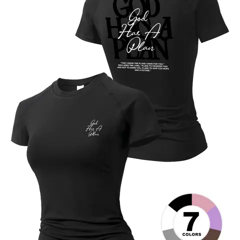 'god Has a Plan' Graphic Print Women's Tight Short Sleeve Sporty Top, Round Neck Quick-Dry Breathable Stretch Yoga Running Fitness Shirt, Sportswear for Training