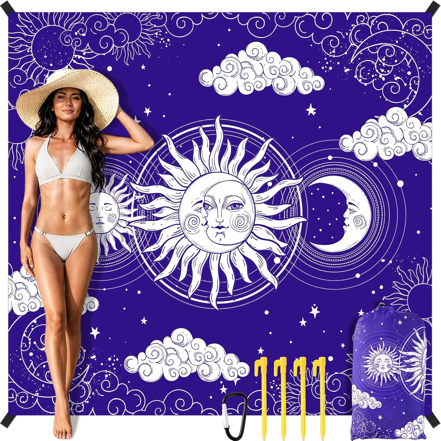 CRASHOT Beach Mat, Beach Blanket Waterproof Sandproof, 79''x83'' Celestial Sun Moon Extra Large Portable Lightweight Beach Gear with 4 Stakes and Carabiner for Picnic Camping Hiking