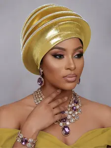 1pc Rhinestone Striped Pearl African Gele Headwrap, No Wrapping Lazy 3D Headband, Wedding Party Bride Bridesmaid Accessory