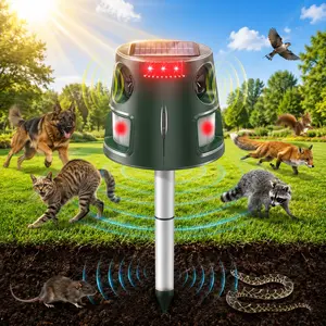 360-degree animal repellent device, Ultrasonic solar rodent repellent device, Cat and dog repeller, LED flashing light repellent, Infrared sensor, Electronic pest repellent, Suitable for gardens, yards, and farms
