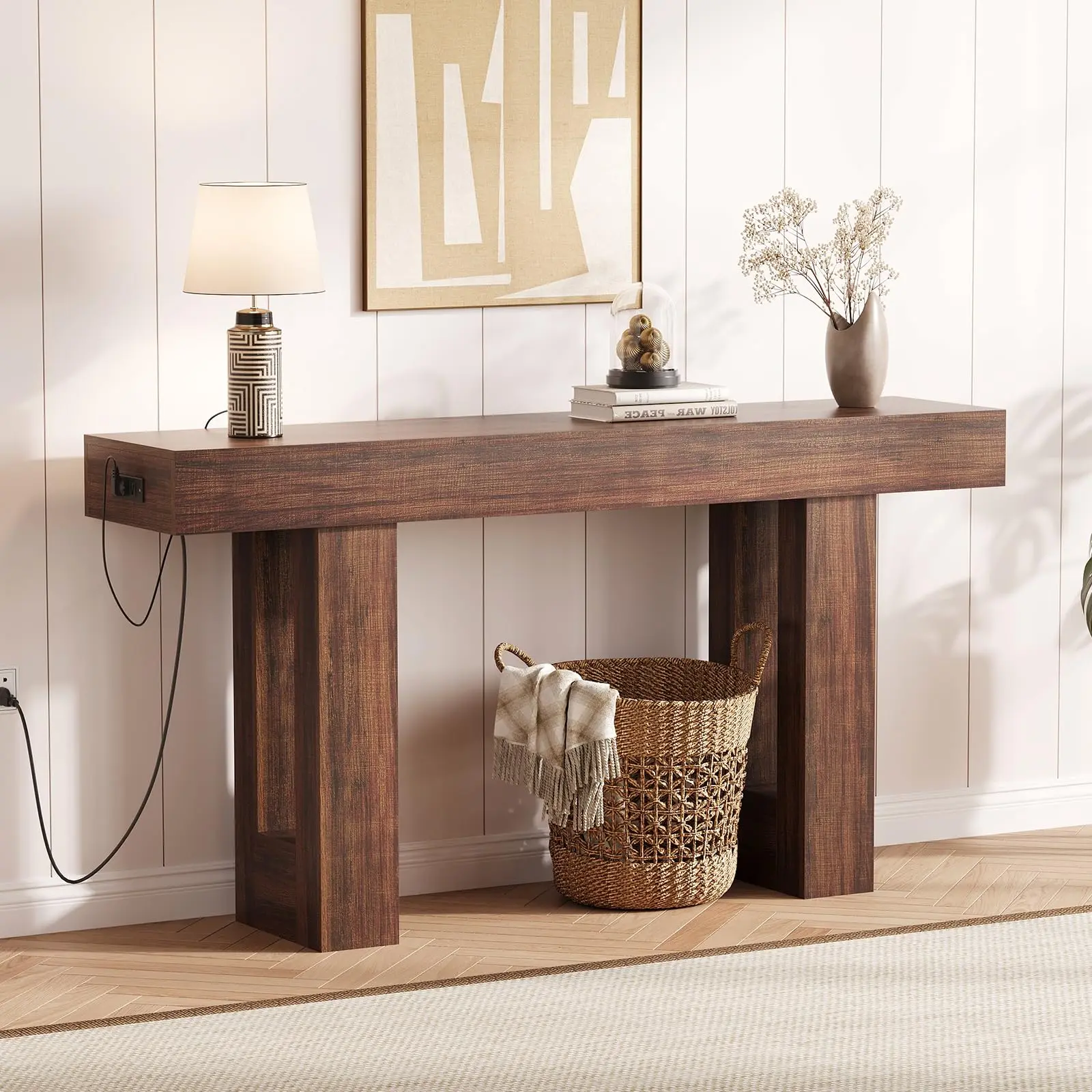 Garvee 63 Inch Farmhouse Console Table with Charging Station, Extra Long Narrow Entryway Sofa Table, Rustic Wooden Accent for Living Room, Foyer, Hallway, Brown Finish