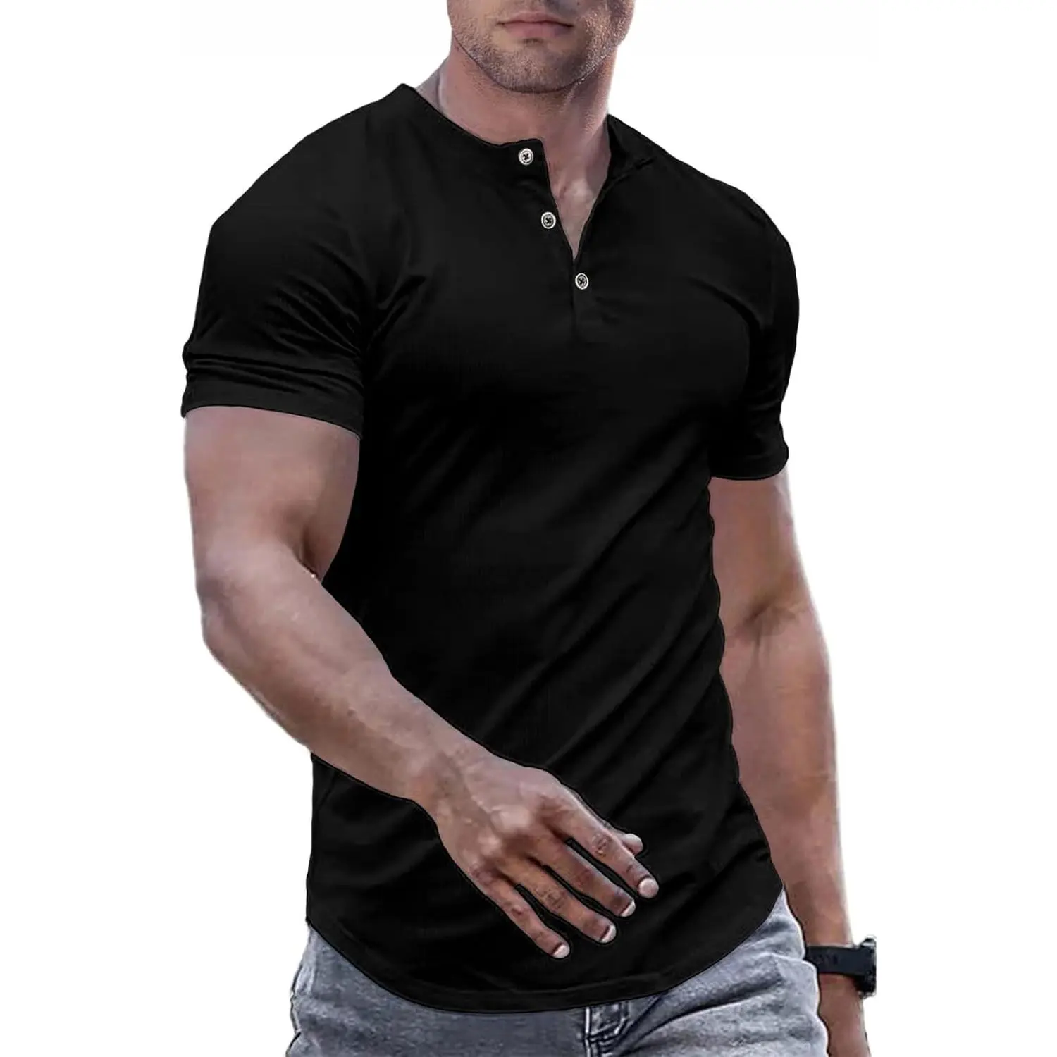 Men's Muscle Slim Henley Shirts Crewneck Longline T-Shirt Gym Workout Athletic Shirt Tees with Button