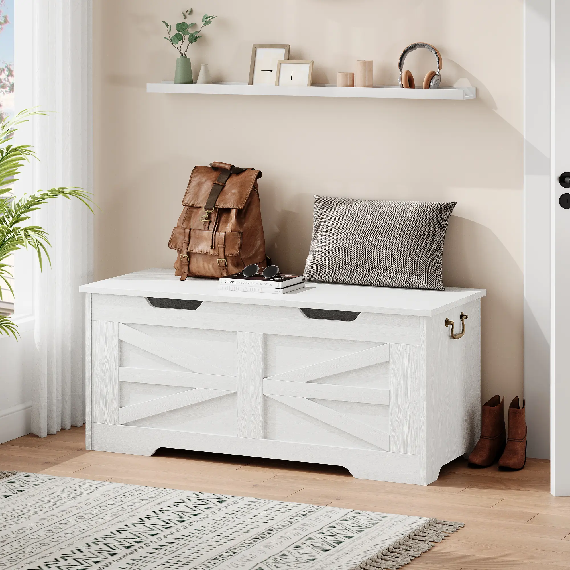39.4" Storage Chest, Wooden Storage Bench with Safety Hinge, Retro Flip Top Blanket Storage Trunk for Entryway, Living Room, Supports 350 lb, for Entryway, Living Room, Bedroom, White/Rustic Brown/Grey