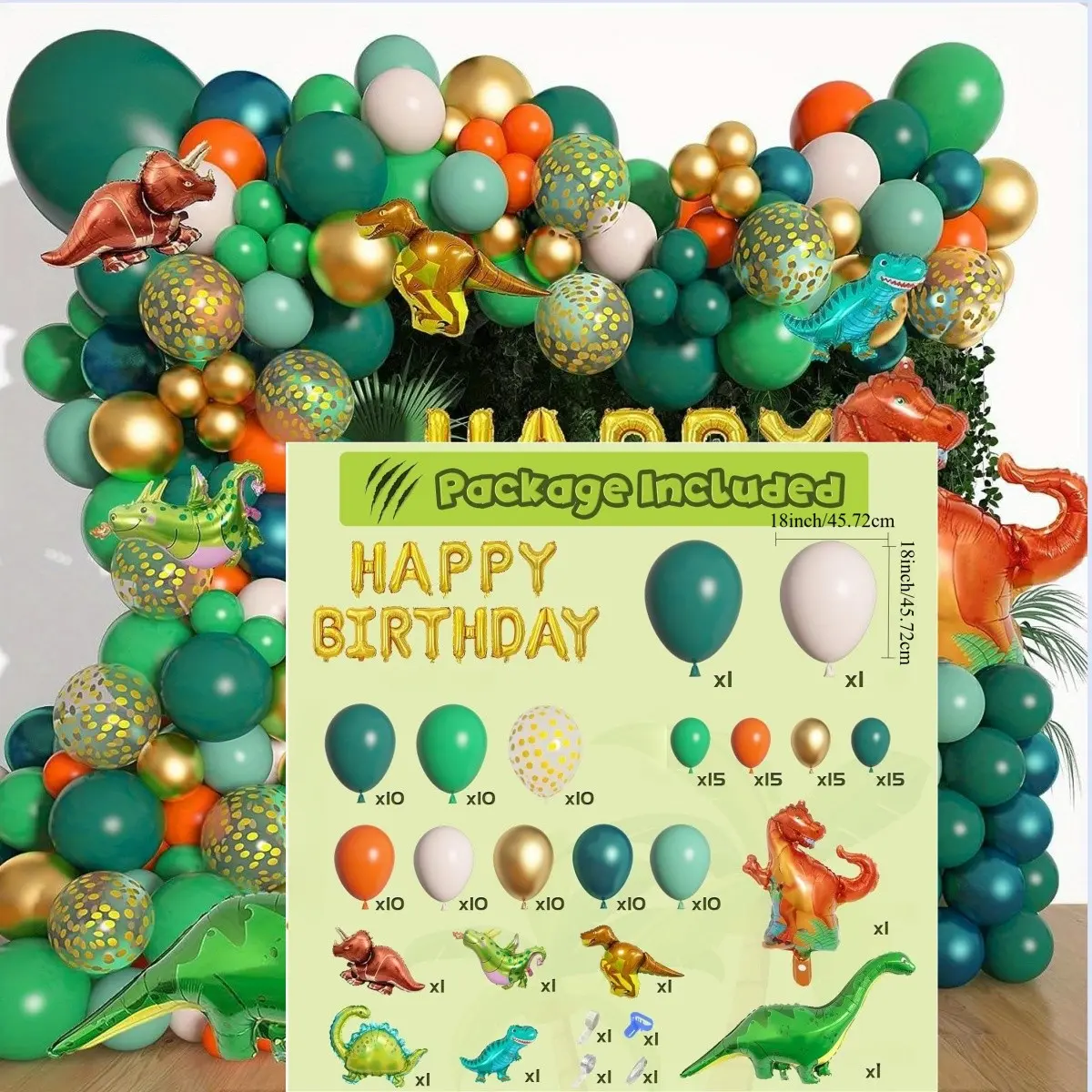 166pcs Dinosaur Themed Balloon Garland Arch, Gold Balloons, Jungle Party Decorations, Birthday Party Supplies