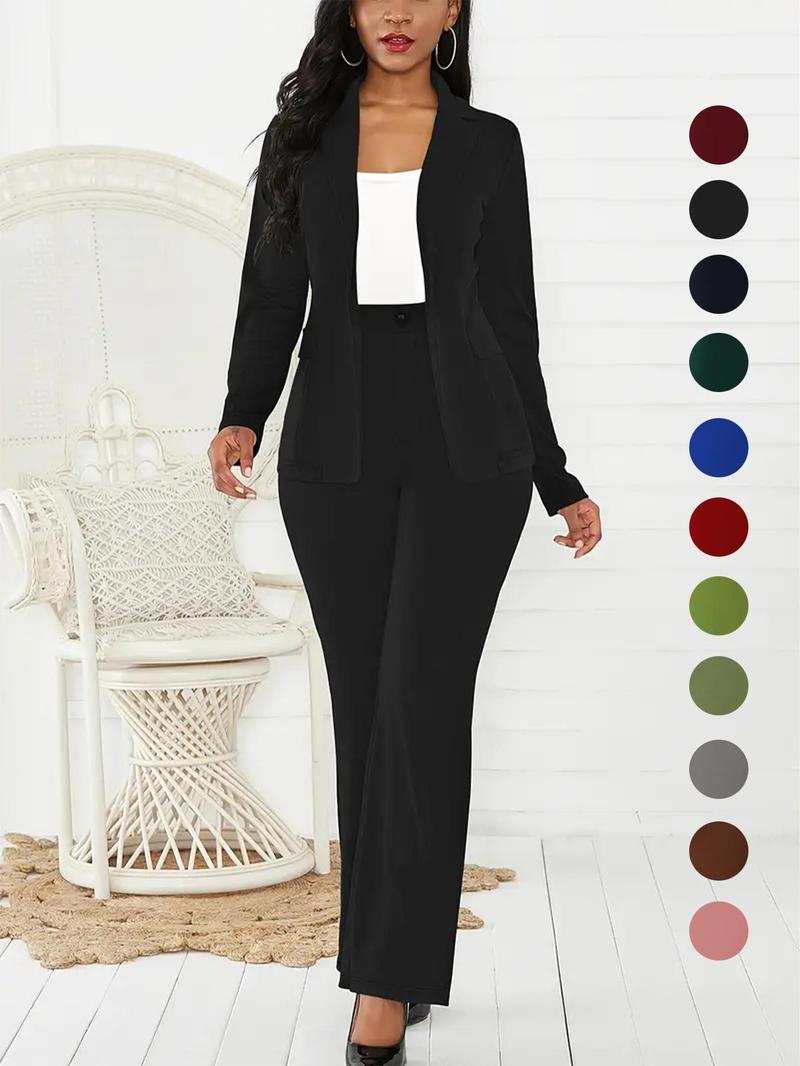 Women's Two-Piece Set Plain Button Lapel Blazer & Suit Pants, Elegant Business Casual Long Sleeve Outerwear & Trousers for Daily Outdoor Wear, Women's Clothing for All Seasons