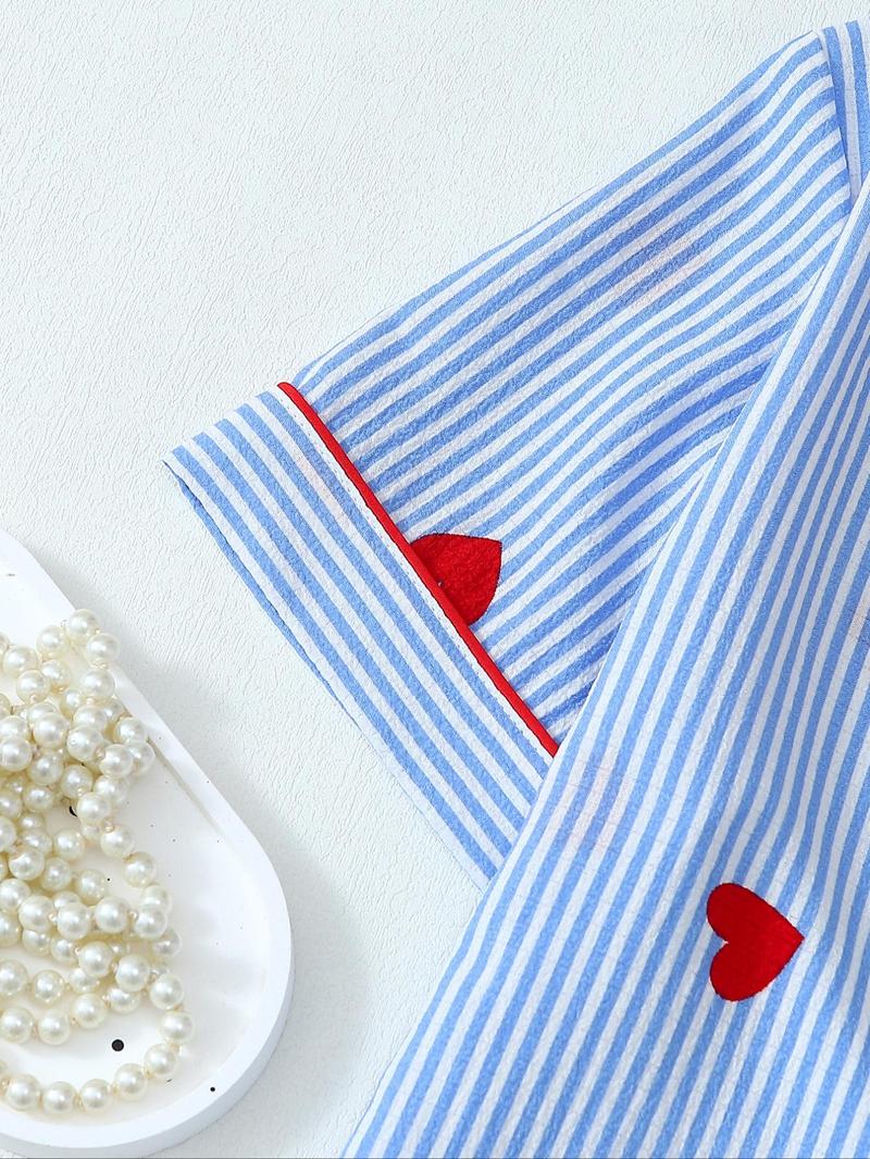 Valentine's Day Spring Summer Romantic Blue Striped Heart Elegant Short Sleeve Shorts Pajama Set for Women, Cute Fitted Homewear