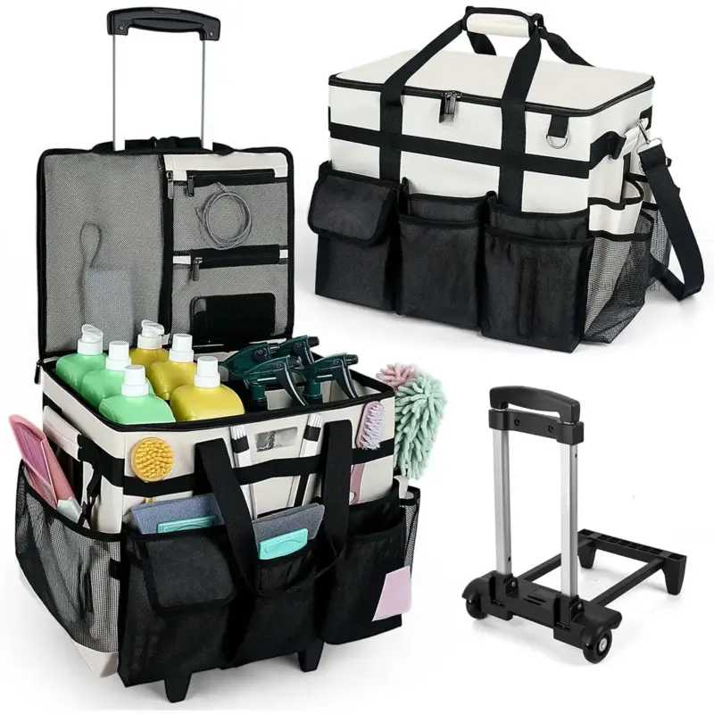 Rolling Cleaning Bag with Wheels, with Detachable Trolley, Cleaning Bags on Wheels for Housekeepers, Cleaning Cart Supplies Organizer for Picnic (Beige)AA42FixRiseHardware