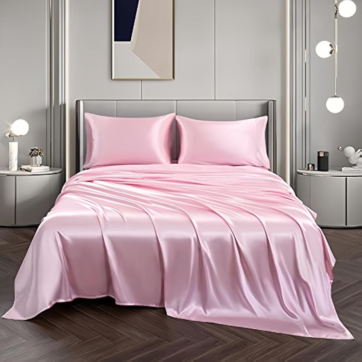 Solid Color Satin Bedding Set, 3/4 Counts Luxury Bedroom Bed Sheets Includes 1 Flat Sheet, 1 Fitted Sheet, and 1/2 Pillowcase without Filler, Room Accessories, Silky Fitted Sheet