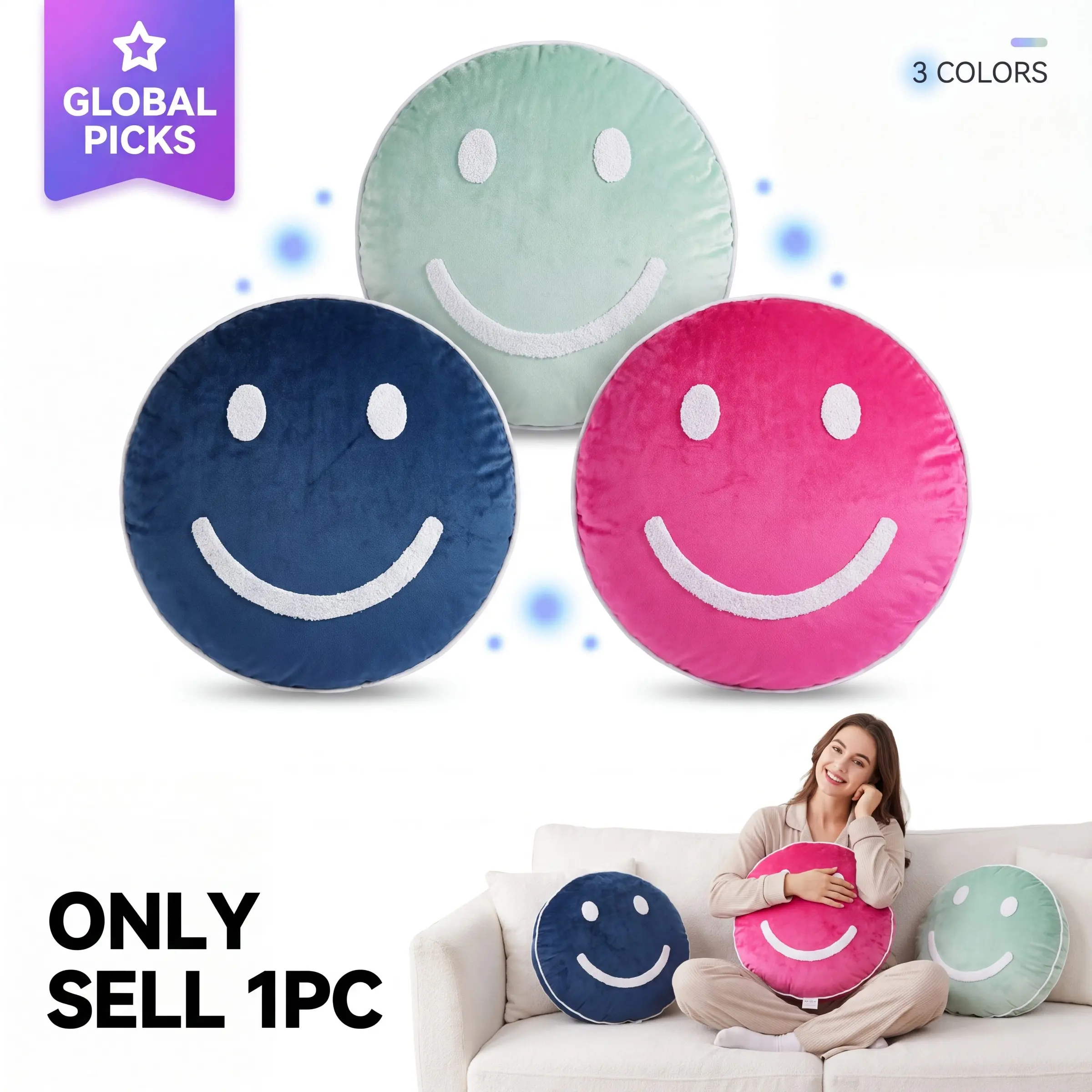 Smiley Face Round Throw Pillow Cushion, Soft Velvet Embroidered Happy Face Decorative Pillow for Bedroom Sofa Chair, Cute Smile Cushion Home Decor Gift, Chair Cushion for Office Chair (18 inch) Cushions For Sofa
