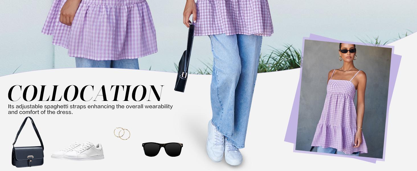 Imily Bela  Womens Cute Plaid A-line Summer Beach Dresses Spaghetti Straps Ruffle Hem Casual Mini Dress with Side Pocket