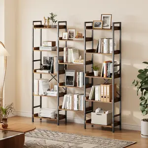 Triple 5-Tier Wide Industrial Bookshelf – Large Rustic Wooden Bookcase with 14 Open Shelves – Sturdy Metal Frame – Heavy Duty Tall Display and Storage Rack for Home Office, Living Room, Bedroom, Brown