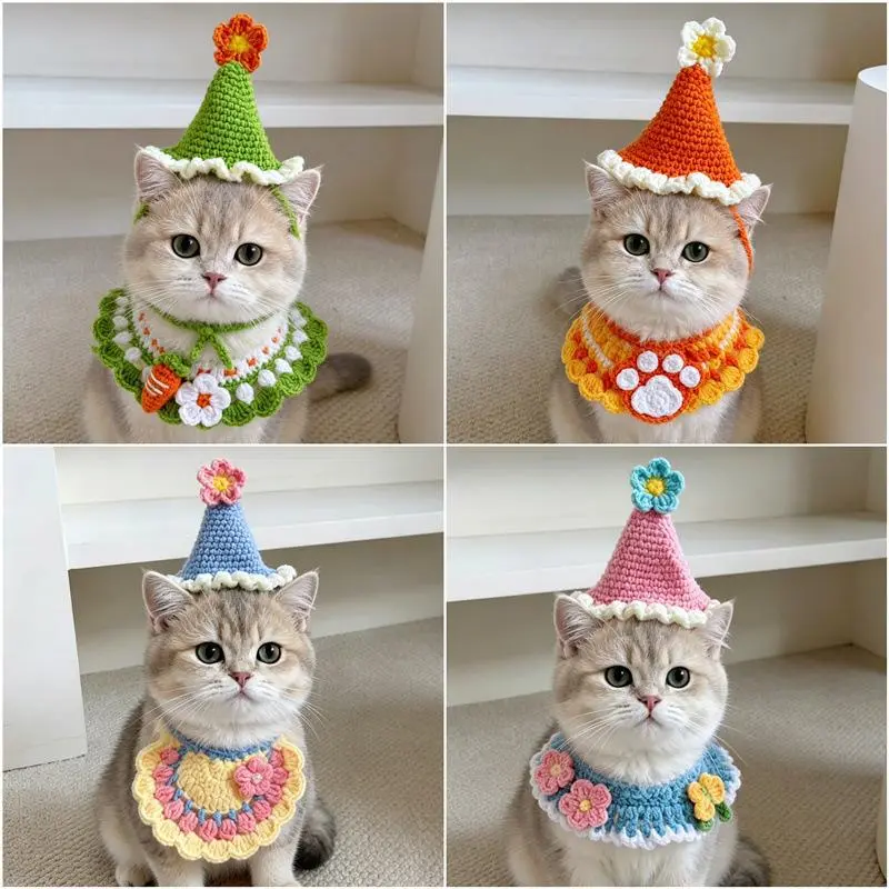 Handmade crochet pet birthday party hat and matching bib set Knitted flower cone hat decorative neck collar headscarf Cute birthday clothing clothing kitten puppy accessories pet birthday photo holiday dress up props