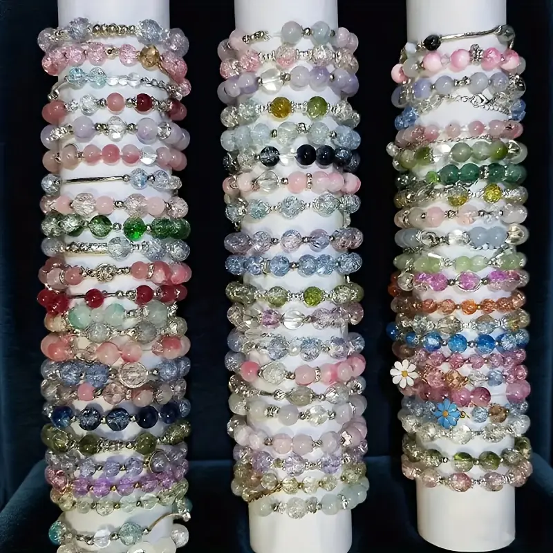 35-Piece Multi-Color Bead Bracelets Set for Women, Stretch Glass & Resin Jewelry with Floral Heart Charms, Casual Party Gift, Acrylic Resin, Everyday Casual, Floral Charm, Stretch Elastic, Unisex Wear