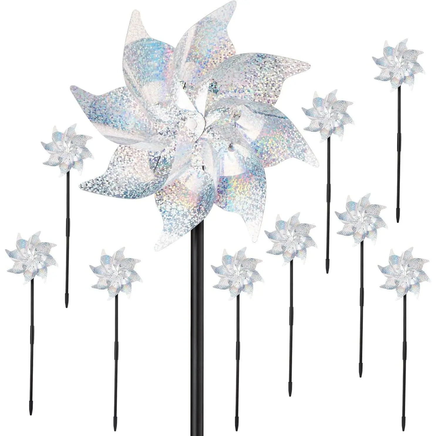 10 Pack Reflective Pinwheels with Stakes, Pre-Installed Sparkly Silver Wind Spinner, Decorative Pin Wheel Bird and Animal Deterrent for Garden, Yard, Lawn