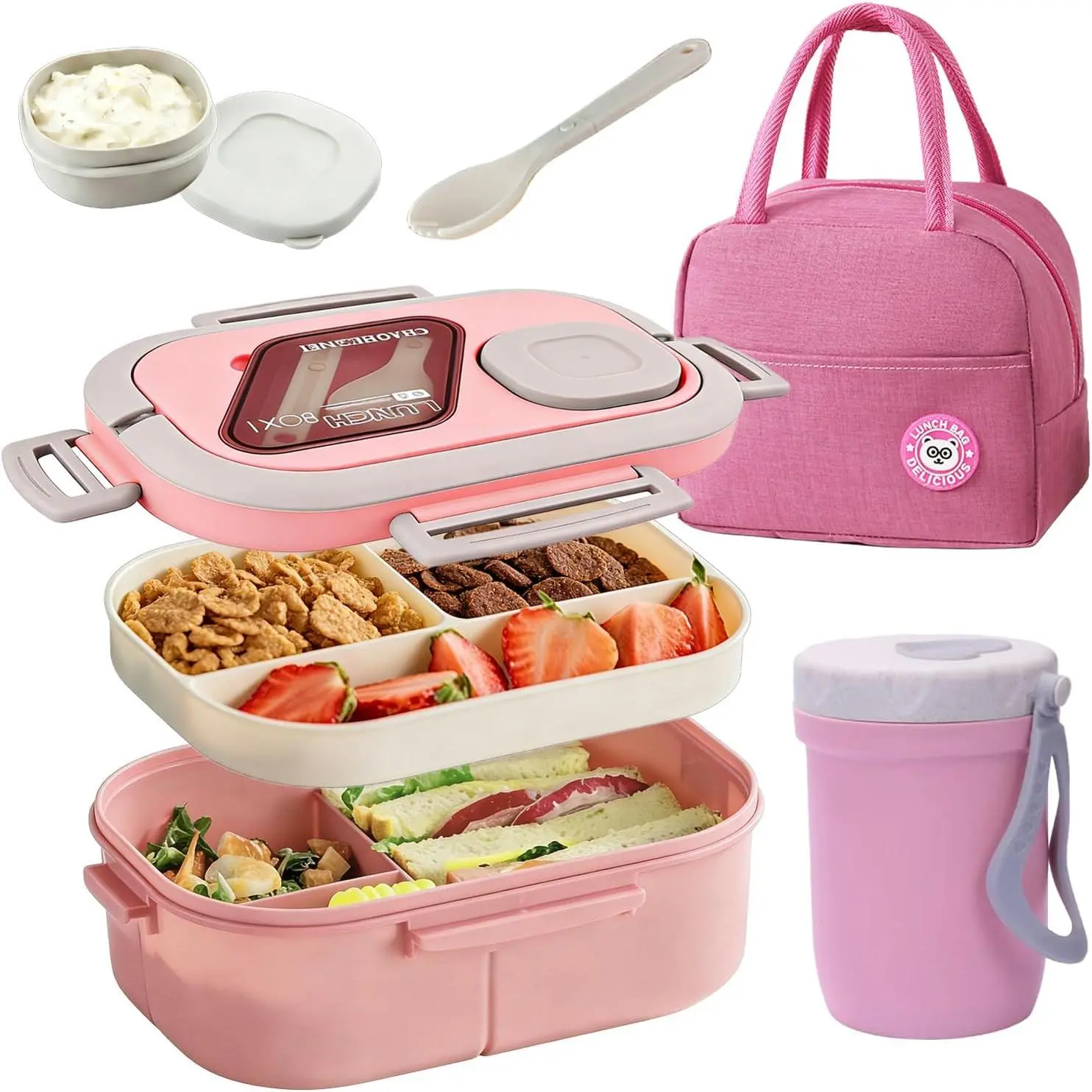 2-Tier Reusable Food Container Set with Storage Bag, Sauce Cup & Cutlery, Portable Salad & Meal Prep Box, BPA Free, Microwave & Dishwasher Safe (Pink)