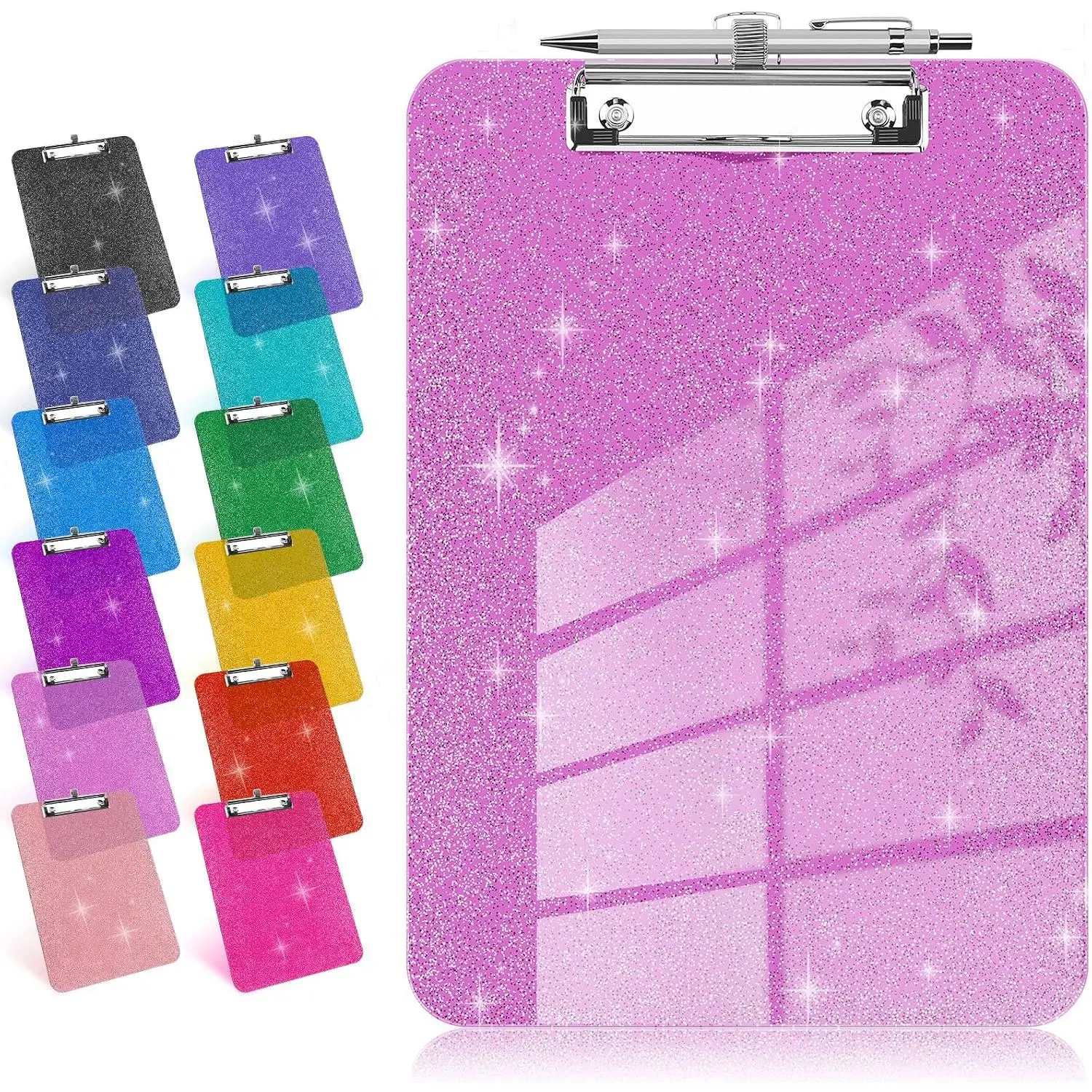 Glitter Clipboard with Pen Holder, Plastic Clipboards with Retractable Hook, Sparkly Clip Board for Nurse, Teather, Student,  (Rose )