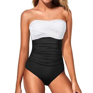 Yonique Womens Strapless One Piece Swimsuit Tummy Control Bandeau Bathing Suits Slimming Twist Front Swimwear for Beach Swimming Holiday Vacation