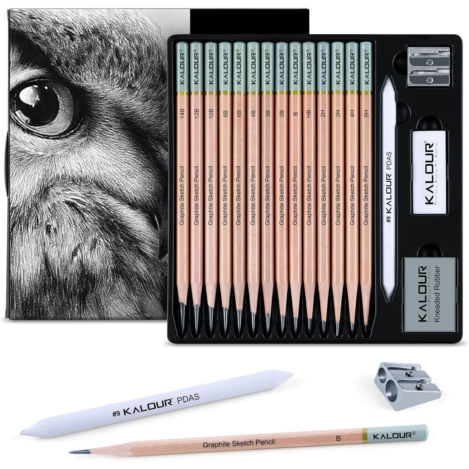 18- Professional Sketch Pencil Set - Includes 5H to 14B Pencils, Vinyl Eraser, Kneaded Eraser,Sharpener and Paper Blending Stump - Ideal for Artists and Beginners