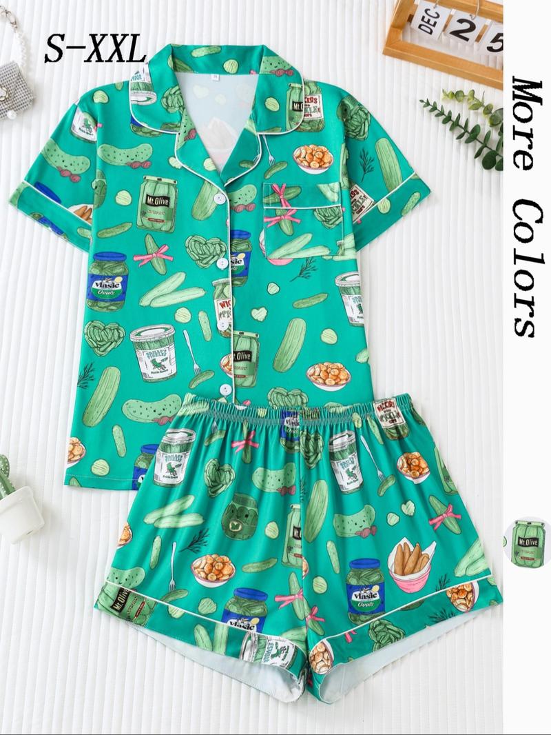 2-Piece Vegetable Print Women's Pajama Set, Button-Up Short Sleeve Top and Comfortable Shorts, Elegant Sleepwear for All Seasons