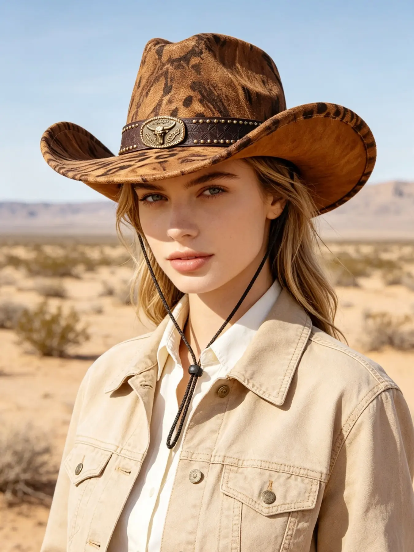 Classic American Western style leopard print denim hat with copper rivets and cow head decoration suitable for daily outdoor activities and banquets