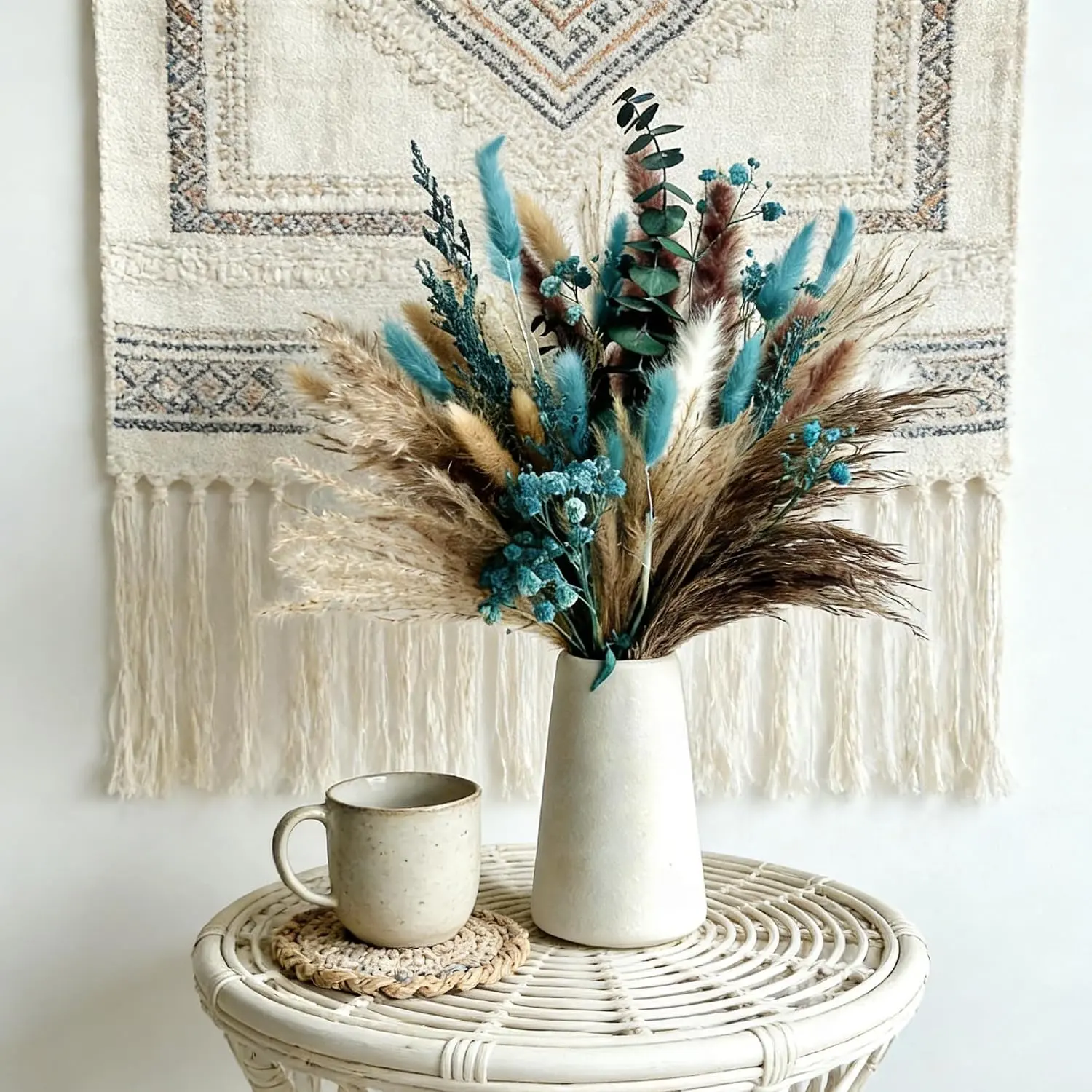 Turquoise Dired Pampas Grass Decor 17" Fluffy Real Teal Blue Dired Flowers with Bunny Tail Baby Breath Eucalyptus for Boho Vase Filler Table Centerpieces Home Rustic Farmhouse Decor