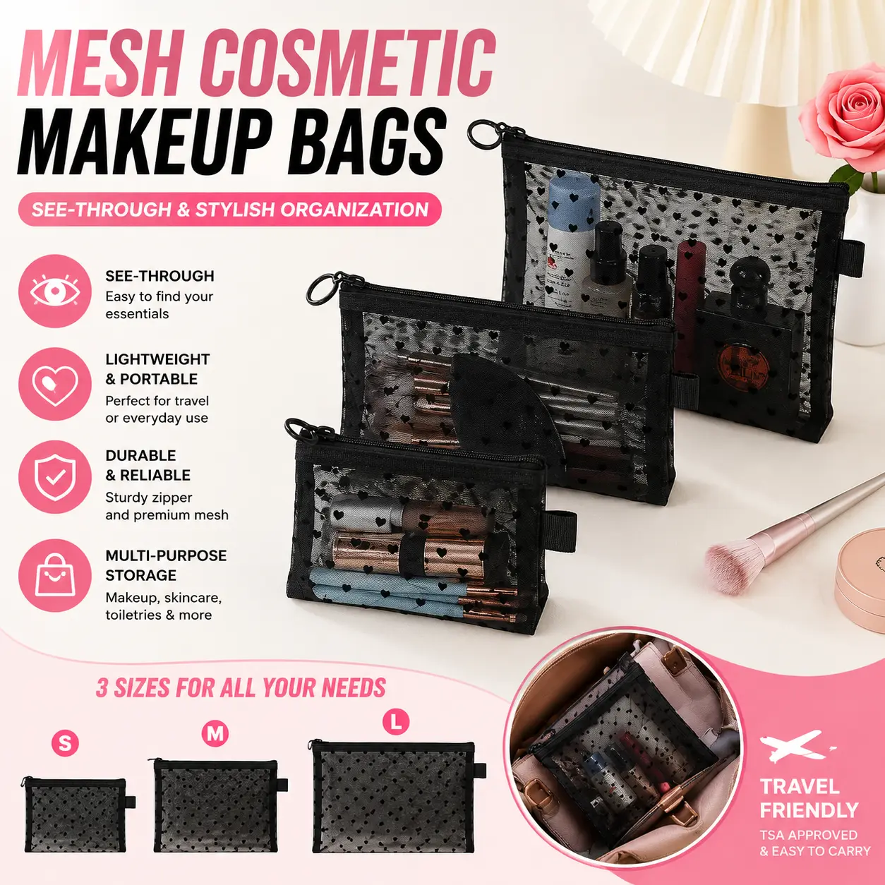 3-Piece Set Love-Themed Mesh Storage Bags, Ins-inspired Transparent Storage Bag for Makeup Brushes and Skincare Products, Makeup Organizer Pouch, Cosmetic Bags, Breathable Fabric, Travel Essentials for Women-YY0