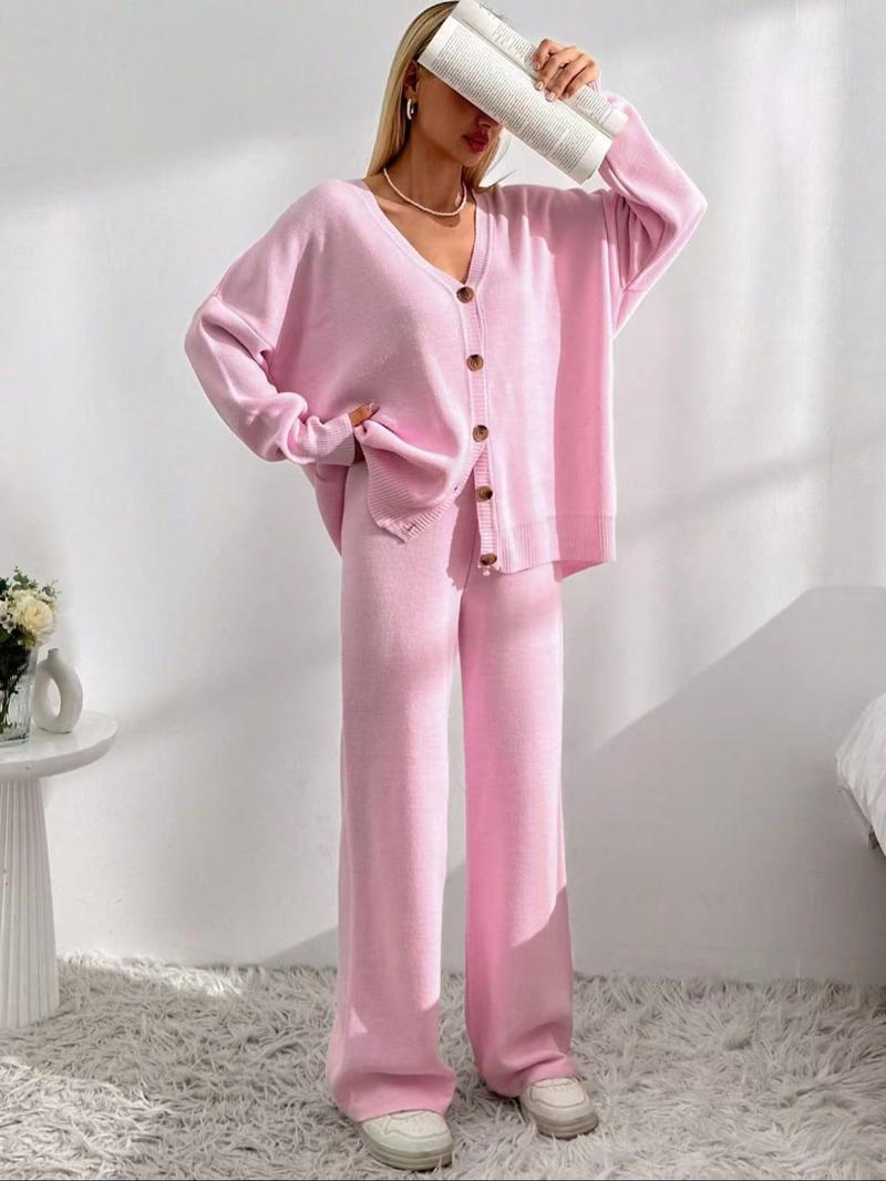 Women's Solid Button Front Drop Shoulder V Neck Cardigan & Elastic Waist Wide Leg Pants Two-piece Set, Casual Fashion Cozy Knitwear Set for Daily Outdoor Wear, Women's Knitwear for Fall & Winter Women's Solid Button Front Drop Shoulder V Neck Cardigan & Elastic Waist Wide Leg Pants Two-piece Set, Casual Fashion Cozy Knitwear Set for Daily Outdoor Wear, Women's Knitwear for Fall & Winter