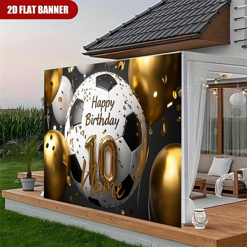 1PC,2D Flat Custom Soccer - Themed 10th Birthday Banner, Personalized Name Birthday Party Decoration Door Banner, Black - Gold Balloon - Style Birthday Backdrop, Outdoor & Indoor Party Decorativ