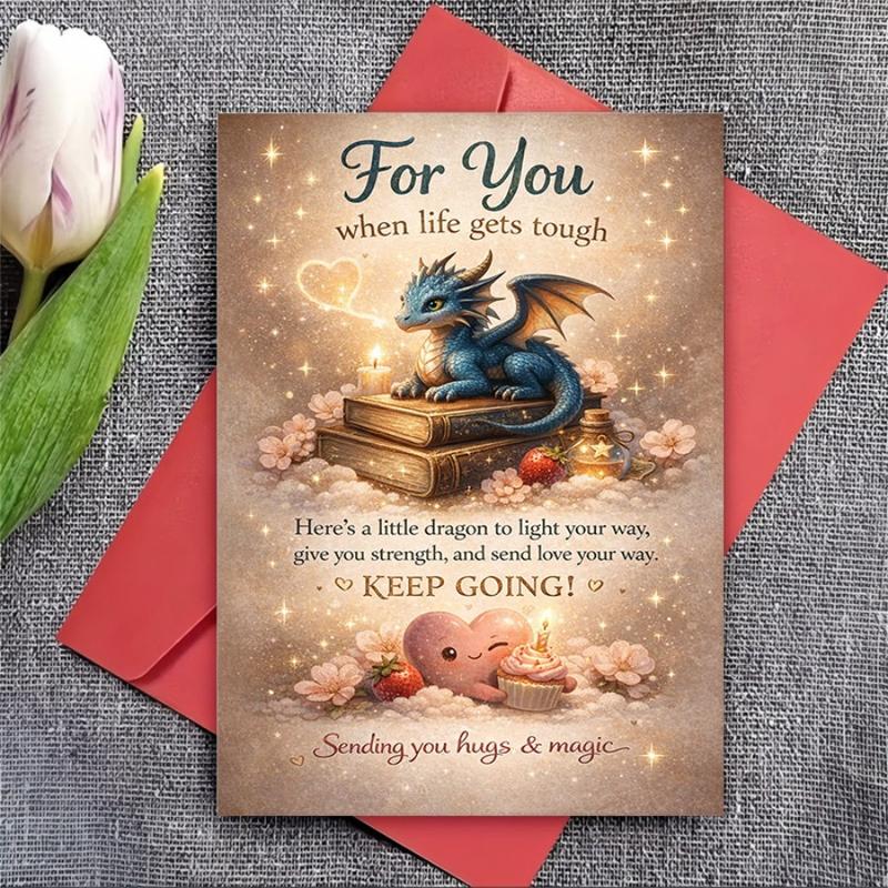 1 Set ( 1 Card+ 1 Envelope) ,Encouragement Greeting Card | Cute Dragon and Heart Design Perfect for Sending Strength, Love, and Support To Friends, Family, or Colleagues Facing Tough Times - Paper, English Language, Fantasy Theme,High-quality Paper