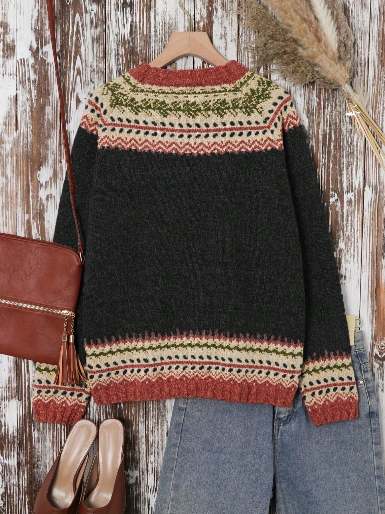 Women's Ethnic Pattern Raglan Sleeve Sweater, Casual Long Sleeve Round Neck Jumper for Fall & Winter, Fashion Ladies' Knitwear for Daily Wear Tops, Womenswear