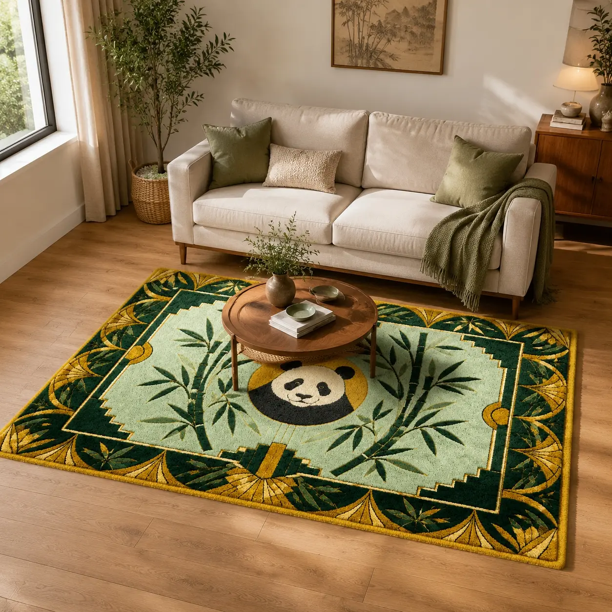 Chinese Style Panda Bamboo Rug Plush Faux Cashmere High-Definition Print Double Locked Edge Non-Slip Machine Washable Living Room Bedroom Decor